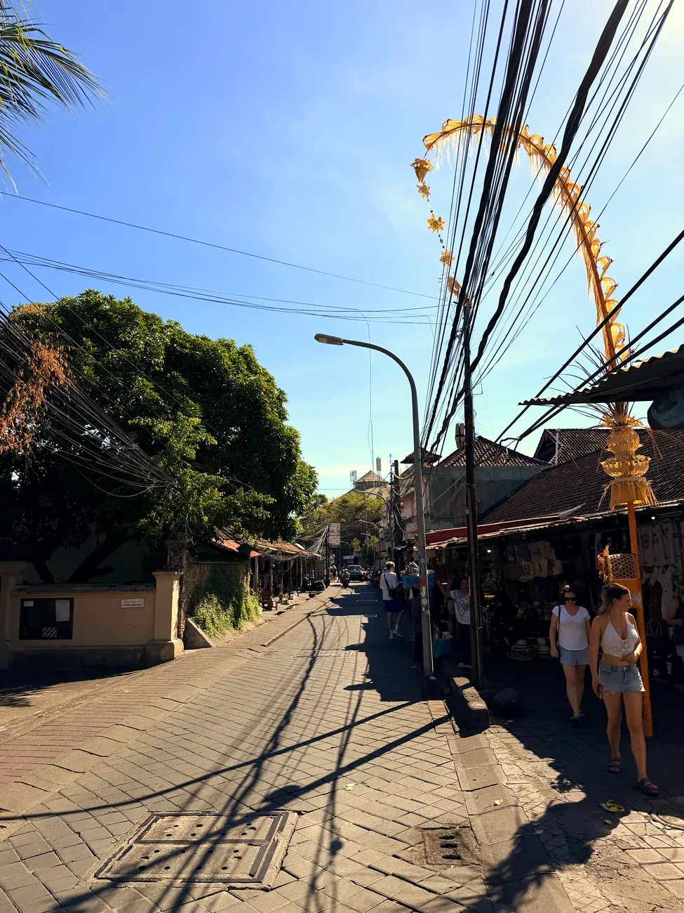 Eine schmale Gasse in Kuta mit Stromkabeln und einem hohen Bambusschmuck am Strassenrand.