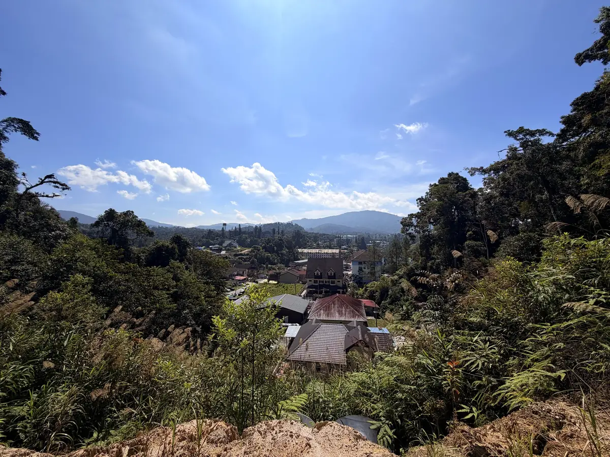 Blick vom Weg auf den Gunung Jasar über die Wälder und Dächer von Tanah Rata