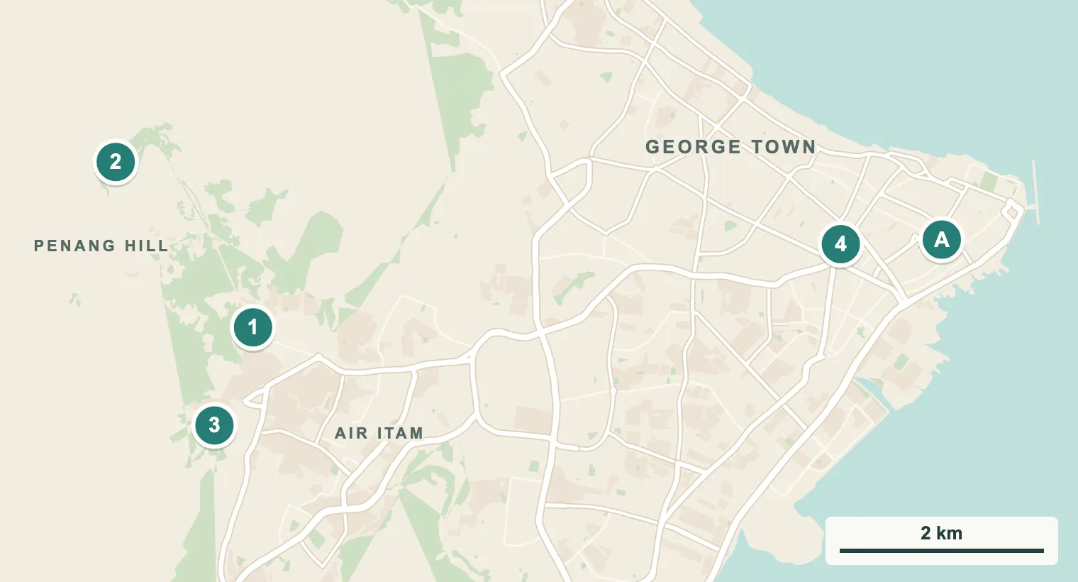 Karte von George Town, Air Itam und Penang Hill