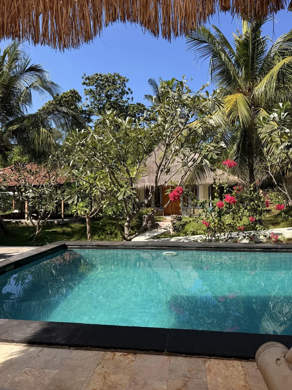 Pool im Segar Village, dahinter unser Bungalow zwischen Palmen und Blumen
