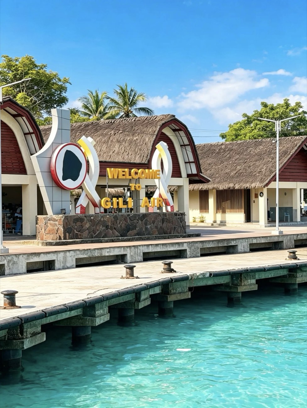 Willkommensschild und Anlegestelle auf Gili Air