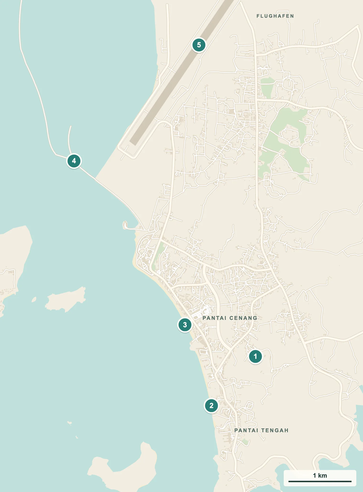Karte von Pantai Cenang, Pantai Tengah und dem Flughafen