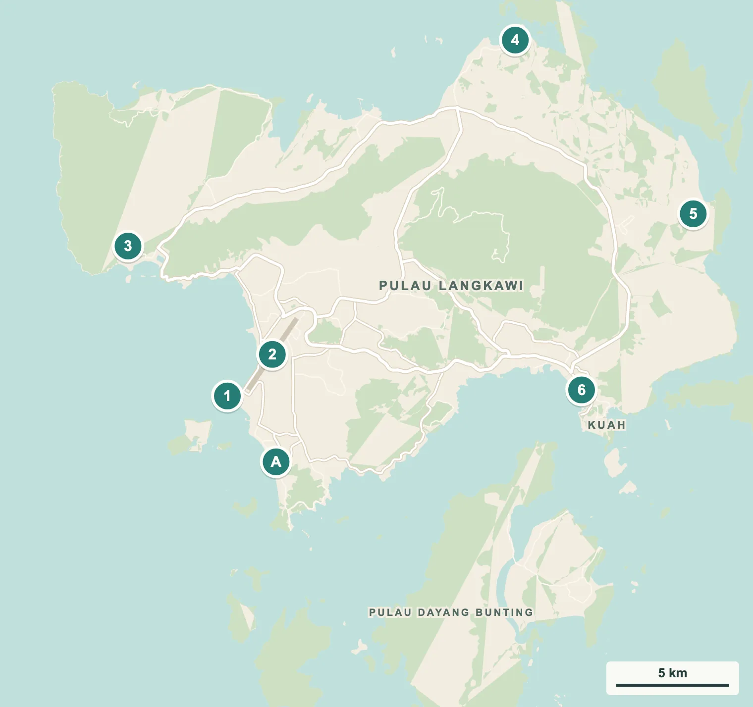 Karte der Insel Langkawi mit nummerierten Orten