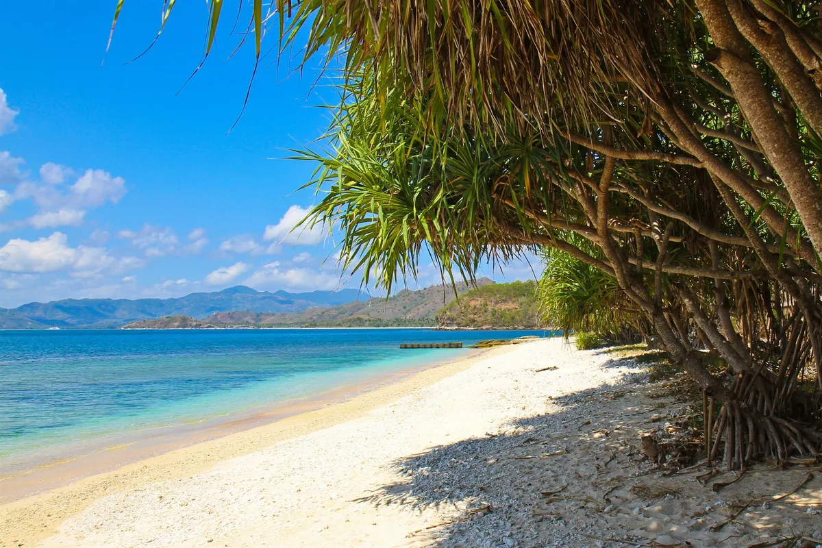 Heller Strand mit Pandanus-Bäumen und Blick auf Nachbarinseln bei Sekotong