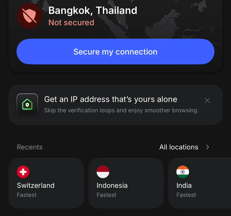 Screenshot unserer NordVPN-App in Bangkok mit Knopf zum Verbinden und zuletzt genutzten Ländern Schweiz, Indonesien und Indien